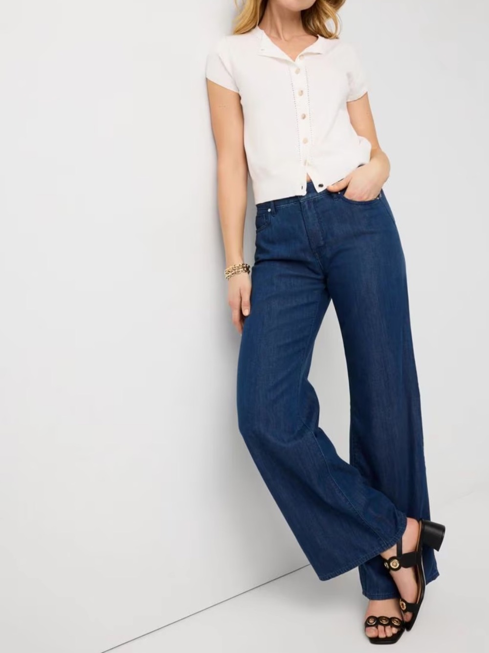White House Black Market High Rise Wide Leg Jeans Size 10 x 30 Stretch Dark Wash
